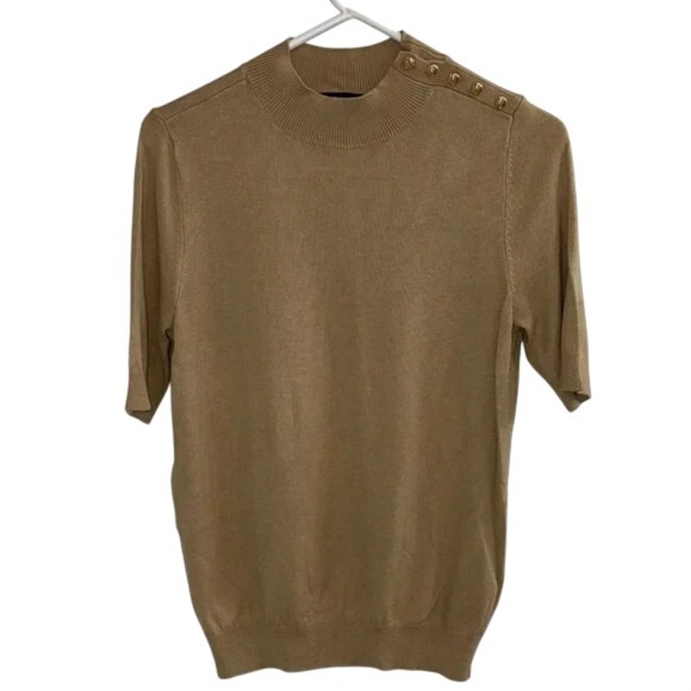 Banana Republic Womens Camel Tan Mock Neck Short Sleeve Button Shoulder Sweater